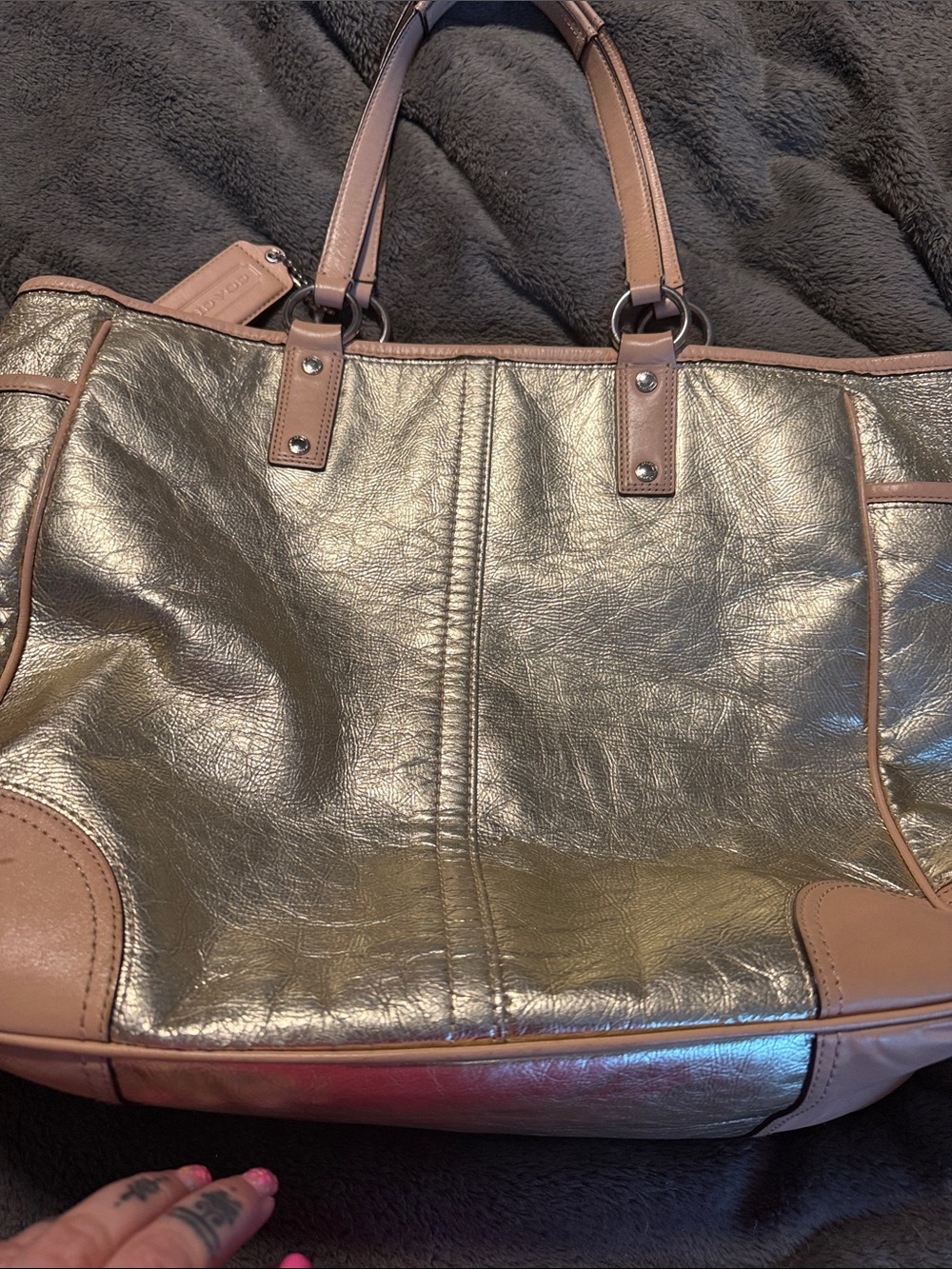Coach Metallic Gold Tote with Tan Trim - Picture 3 of 6
